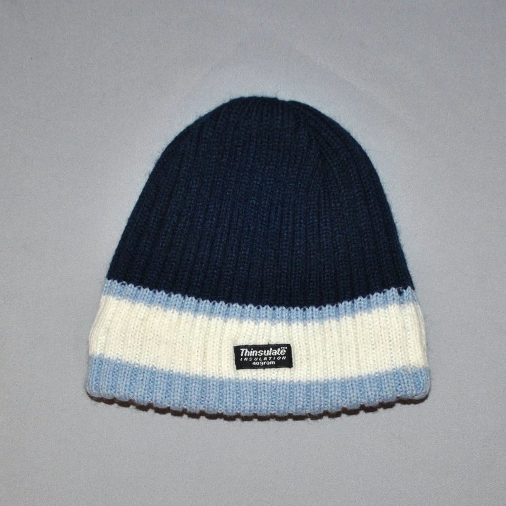 Thinsulate Kids Hat Size 10-14 Knit Blue & White Striped Beanie Hat